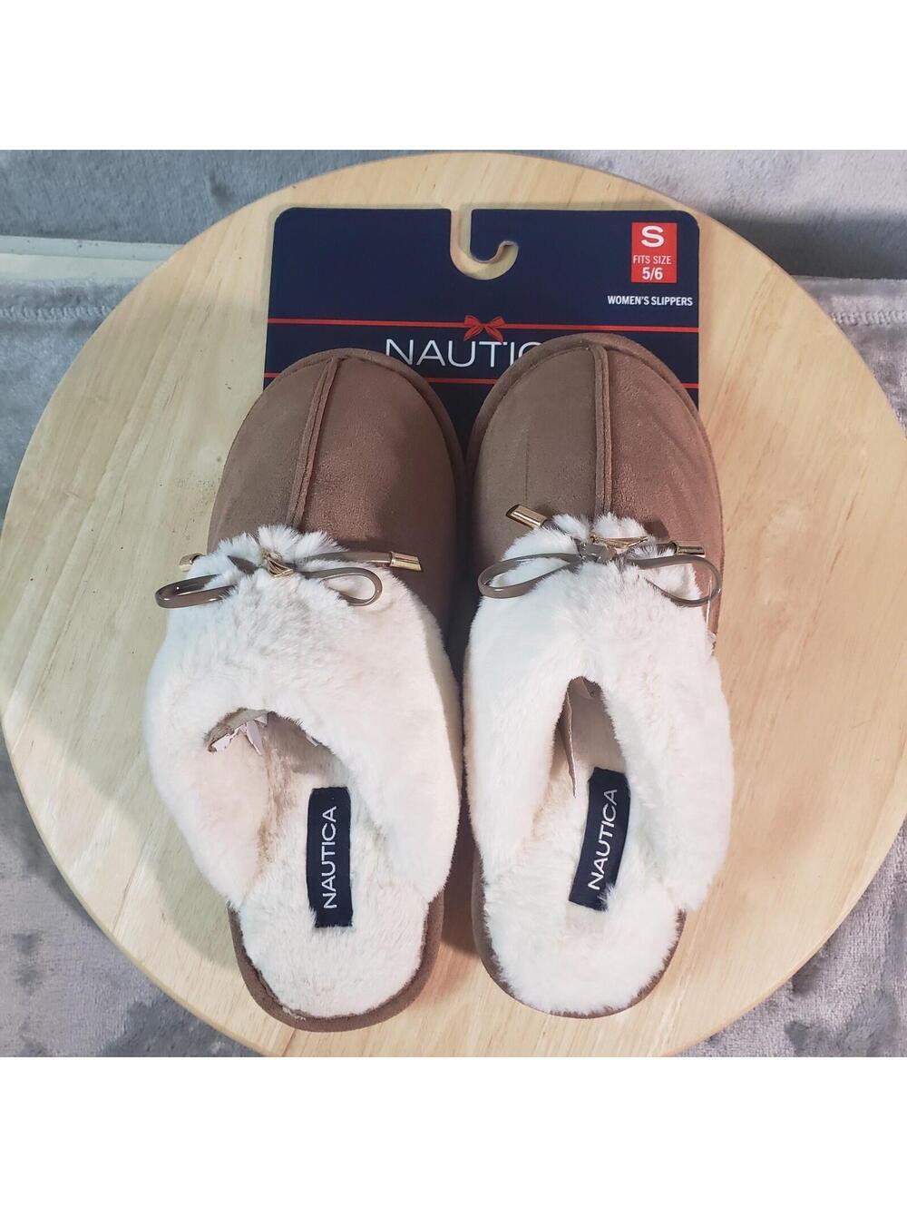 Nautica Women's Slip-On Slippers Brown Faux Fur Lined Bow Accent Size 5/6